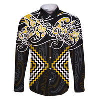 Gold Aotearoa Tukutuku Manawa Tapu Family Matching Long Sleeve Bodycon Dress and Hawaiian Shirt Ta Moko Toi Maori