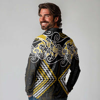Gold Aotearoa Tukutuku Manawa Tapu Long Sleeve Polo Shirt Ta Moko Toi Maori