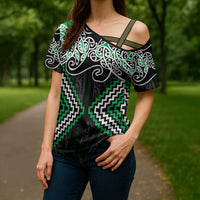 Green Aotearoa Tukutuku Manawa Tapu Cross Shoulder Shirt Ta Moko Toi Maori - Polynesian Pride