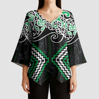Green Aotearoa Tukutuku Manawa Tapu Kimono Sleeve Blouse Ta Moko Toi Maori - Polynesian Pride