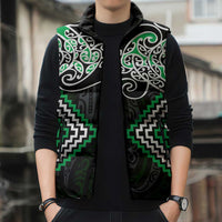Green Aotearoa Tukutuku Manawa Tapu Sleeveless Puffer Jacket Ta Moko Toi Maori - Polynesian Pride