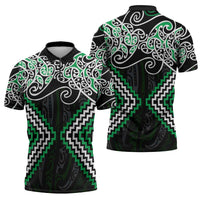 Green Aotearoa Tukutuku Manawa Tapu Zipper Polo Shirt Ta Moko Toi Maori - Polynesian Pride