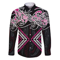 Pink Aotearoa Tukutuku Manawa Tapu Family Matching Off The Shoulder Long Sleeve Dress and Hawaiian Shirt Ta Moko Toi Maori