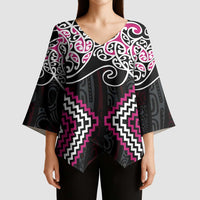 Pink Aotearoa Tukutuku Manawa Tapu Kimono Sleeve Blouse Ta Moko Toi Maori - Polynesian Pride
