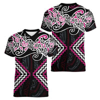 Pink Aotearoa Tukutuku Manawa Tapu Women V-Neck T-Shirt Ta Moko Toi Maori