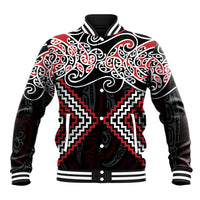 Red Aotearoa Tukutuku Manawa Tapu Baseball Jacket Ta Moko Toi Maori