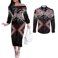 Red Aotearoa Tukutuku Manawa Tapu Couples Matching Off The Shoulder Long Sleeve Dress and Long Sleeve Button Shirt Ta Moko Toi Maori
