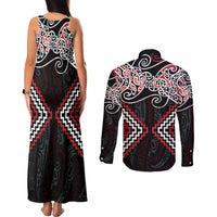 Red Aotearoa Tukutuku Manawa Tapu Couples Matching Tank Maxi Dress and Long Sleeve Button Shirt Ta Moko Toi Maori