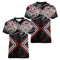 Red Aotearoa Tukutuku Manawa Tapu Women V-Neck T-Shirt Ta Moko Toi Maori