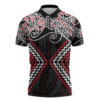 Red Aotearoa Tukutuku Manawa Tapu Zipper Polo Shirt Ta Moko Toi Maori - Polynesian Pride