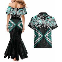 Turquoise Aotearoa Tukutuku Manawa Tapu Couples Matching Mermaid Dress and Hawaiian Shirt Ta Moko Toi Maori