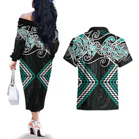 Turquoise Aotearoa Tukutuku Manawa Tapu Couples Matching Off The Shoulder Long Sleeve Dress and Hawaiian Shirt Ta Moko Toi Maori