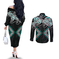 Turquoise Aotearoa Tukutuku Manawa Tapu Couples Matching Off The Shoulder Long Sleeve Dress and Long Sleeve Button Shirt Ta Moko Toi Maori