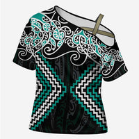 Turquoise Aotearoa Tukutuku Manawa Tapu Cross Shoulder Shirt Ta Moko Toi Maori - Polynesian Pride