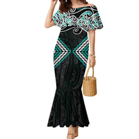 Turquoise Aotearoa Tukutuku Manawa Tapu Family Matching Mermaid Dress and Hawaiian Shirt Ta Moko Toi Maori