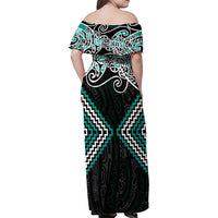 Turquoise Aotearoa Tukutuku Manawa Tapu Family Matching Off Shoulder Maxi Dress and Hawaiian Shirt Ta Moko Toi Maori