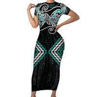 Turquoise Aotearoa Tukutuku Manawa Tapu Family Matching Short Sleeve Bodycon Dress and Hawaiian Shirt Ta Moko Toi Maori