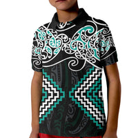 Turquoise Aotearoa Tukutuku Manawa Tapu Kid Polo Shirt Ta Moko Toi Maori