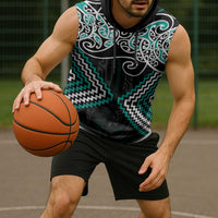 Turquoise Aotearoa Tukutuku Manawa Tapu Sleeveless Hoodie Ta Moko Toi Maori - Polynesian Pride