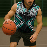 Turquoise Aotearoa Tukutuku Manawa Tapu Sleeveless Zip Hoodie Ta Moko Toi Maori - Polynesian Pride