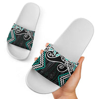 Turquoise Aotearoa Tukutuku Manawa Tapu Slide Sandals Ta Moko Toi Maori - Polynesian Pride
