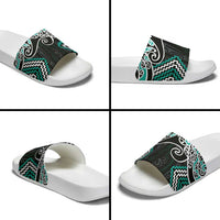 Turquoise Aotearoa Tukutuku Manawa Tapu Slide Sandals Ta Moko Toi Maori - Polynesian Pride