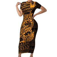 Gold Couple Dolphins Maori Polynesian Style Family Matching Short Sleeve Bodycon Dress and Hawaiian Shirt