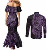 Purple Couple Dolphins Maori Polynesian Style Couples Matching Mermaid Dress and Long Sleeve Button Shirt