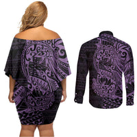 Purple Couple Dolphins Maori Polynesian Style Couples Matching Off Shoulder Short Dress and Long Sleeve Button Shirt