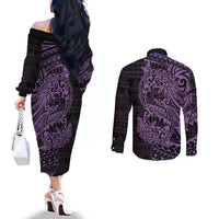 Purple Couple Dolphins Maori Polynesian Style Couples Matching Off The Shoulder Long Sleeve Dress and Long Sleeve Button Shirt