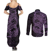Purple Couple Dolphins Maori Polynesian Style Couples Matching Summer Maxi Dress and Long Sleeve Button Shirt