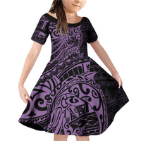 Purple Couple Dolphins Maori Polynesian Style Family Matching Off Shoulder Short Dress and Hawaiian Shirt