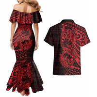 Red Couple Dolphins Maori Polynesian Style Couples Matching Mermaid Dress and Hawaiian Shirt