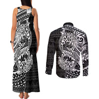 White Couple Dolphins Maori Polynesian Style Couples Matching Tank Maxi Dress and Long Sleeve Button Shirt