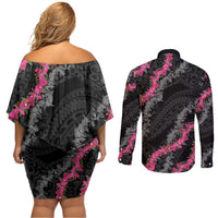 Guam Bougainvillea Lei Couples Matching Off Shoulder Short Dress and Long Sleeve Button Shirt Chamorro Tribal Pattern