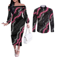 Guam Bougainvillea Lei Couples Matching Off The Shoulder Long Sleeve Dress and Long Sleeve Button Shirt Chamorro Tribal Pattern