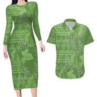 Hawaii Molokai Island Kukui Nut Flowers Couples Matching Long Sleeve Bodycon Dress and Hawaiian Shirt Tribal Kakau Pattern