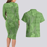 Hawaii Molokai Island Kukui Nut Flowers Couples Matching Long Sleeve Bodycon Dress and Hawaiian Shirt Tribal Kakau Pattern