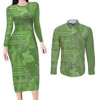 Hawaii Molokai Island Kukui Nut Flowers Couples Matching Long Sleeve Bodycon Dress and Long Sleeve Button Shirt Tribal Kakau Pattern