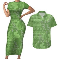 Hawaii Molokai Island Kukui Nut Flowers Couples Matching Short Sleeve Bodycon Dress and Hawaiian Shirt Tribal Kakau Pattern
