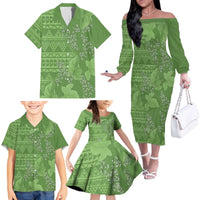 Hawaii Molokai Island Kukui Nut Flowers Family Matching Off The Shoulder Long Sleeve Dress and Hawaiian Shirt Tribal Kakau Pattern