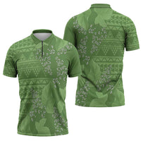 Hawaii Molokai Island Kukui Nut Flowers Zipper Polo Shirt Tribal Kakau Pattern - Polynesian Pride