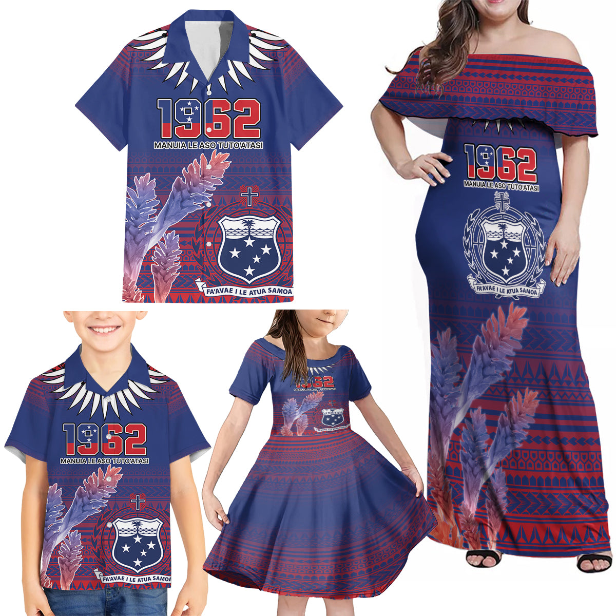 Custom Samoa 1962 Independence Day Custom Family Matching Off Shoulder Maxi Dress and Hawaiian Shirt Manuia le Aso Tuto'atasi Ula Nifo Blue Art