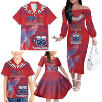 Custom Samoa 1962 Independence Day Custom Family Matching Off The Shoulder Long Sleeve Dress and Hawaiian Shirt Manuia le Aso Tuto'atasi Ula Nifo Red Art