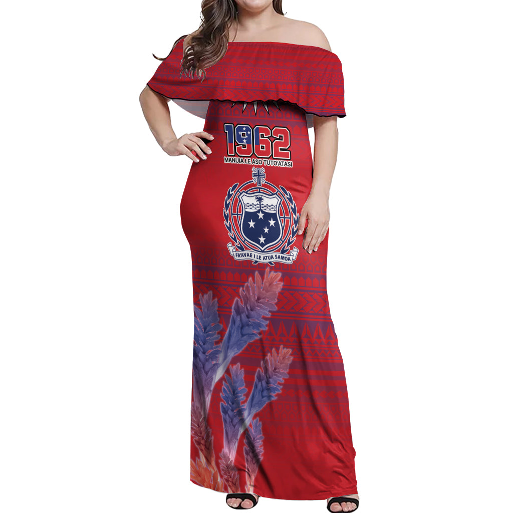 Custom Samoa 1962 Independence Day Custom Off Shoulder Maxi Dress Manuia le Aso Tuto'atasi Ula Nifo Red Art
