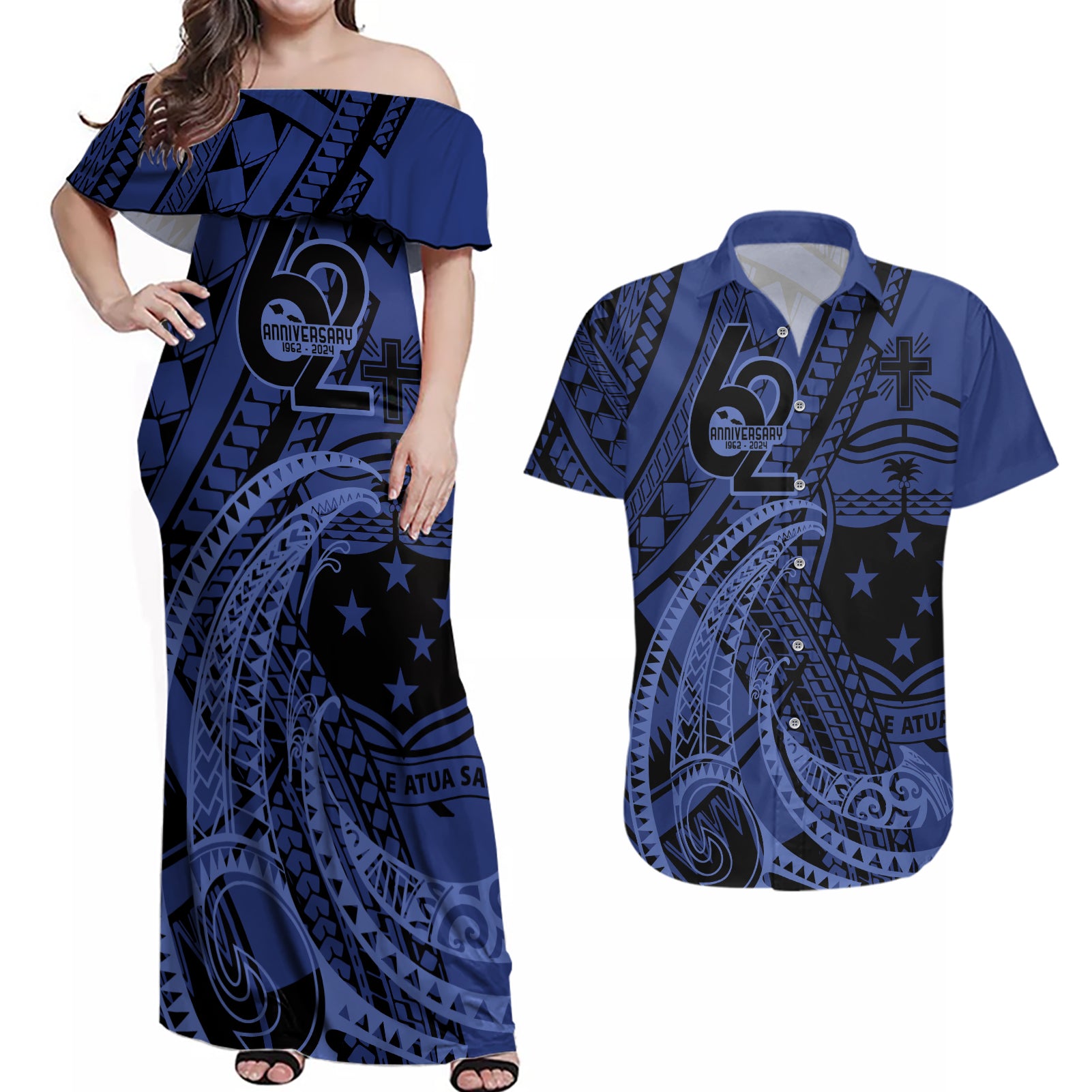 Custom Samoa 62nd Manuia le Aso Tuto'atasi Couples Matching Off Shoulder Maxi Dress and Hawaiian Shirt Samoan Tatau Blue Art