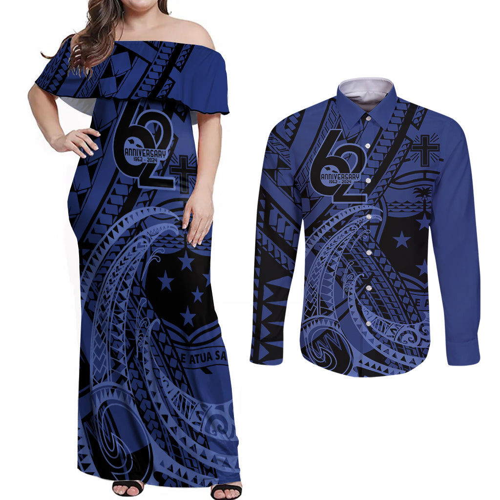 Custom Samoa 62nd Manuia le Aso Tuto'atasi Couples Matching Off Shoulder Maxi Dress and Long Sleeve Button Shirt Samoan Tatau Blue Art