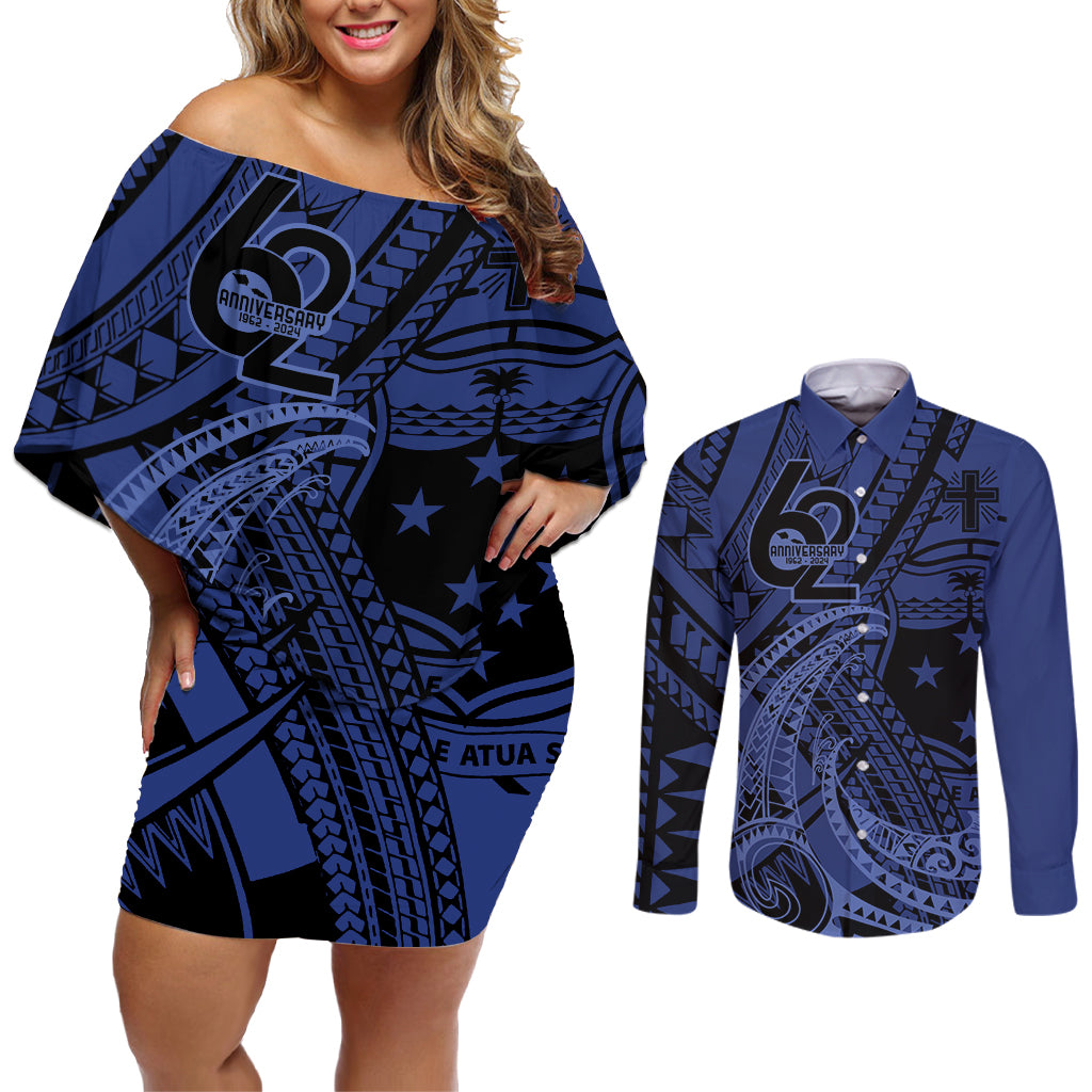 Custom Samoa 62nd Manuia le Aso Tuto'atasi Couples Matching Off Shoulder Short Dress and Long Sleeve Button Shirt Samoan Tatau Blue Art