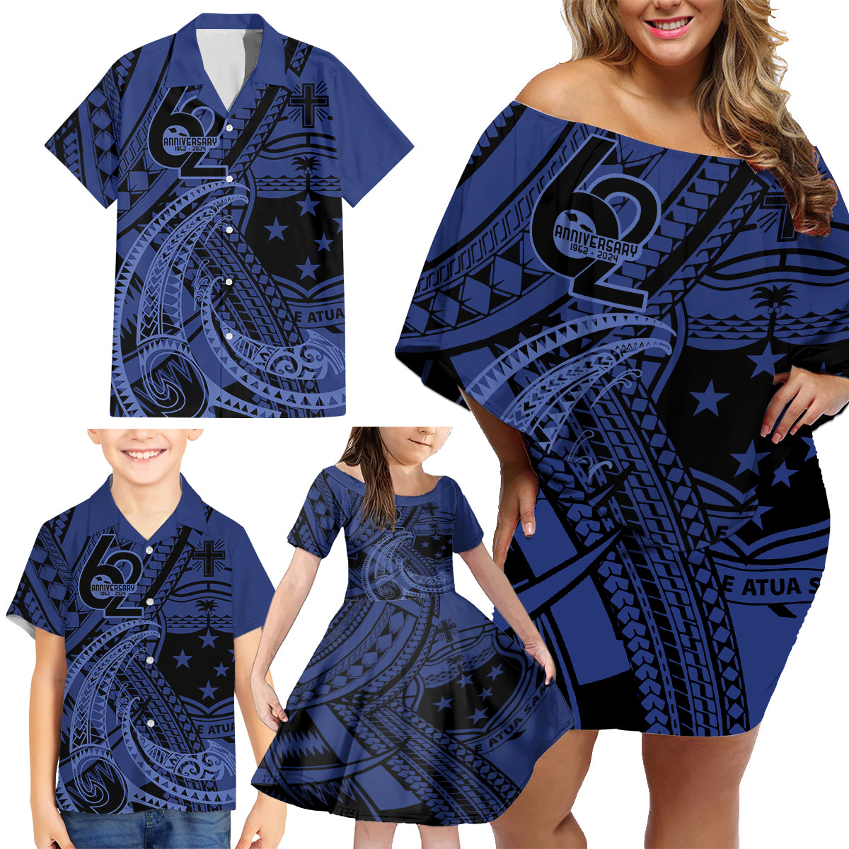 Custom Samoa 62nd Manuia le Aso Tuto'atasi Family Matching Off Shoulder Short Dress and Hawaiian Shirt Samoan Tatau Blue Art