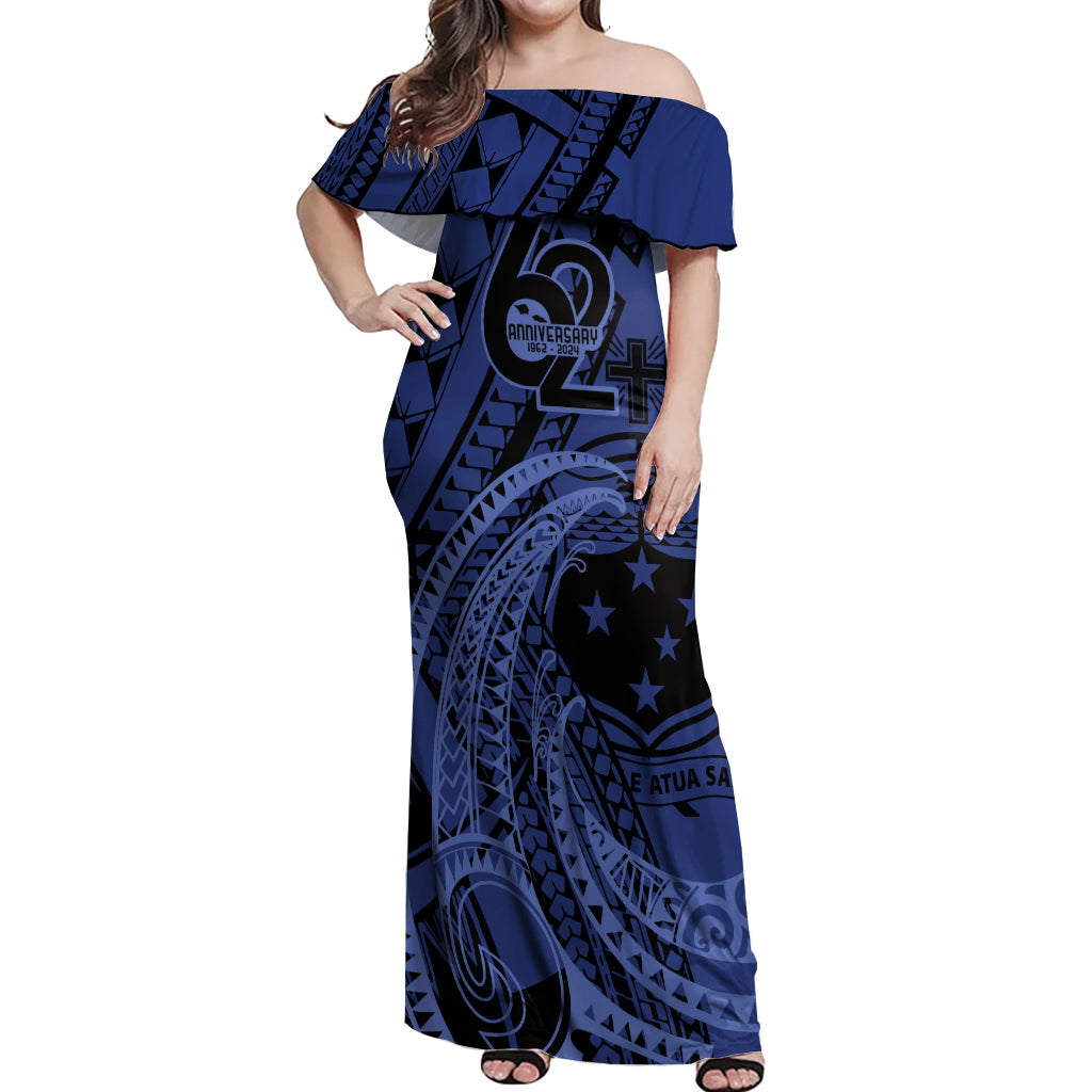 Custom Samoa 62nd Manuia le Aso Tuto'atasi Off Shoulder Maxi Dress Samoan Tatau Blue Art
